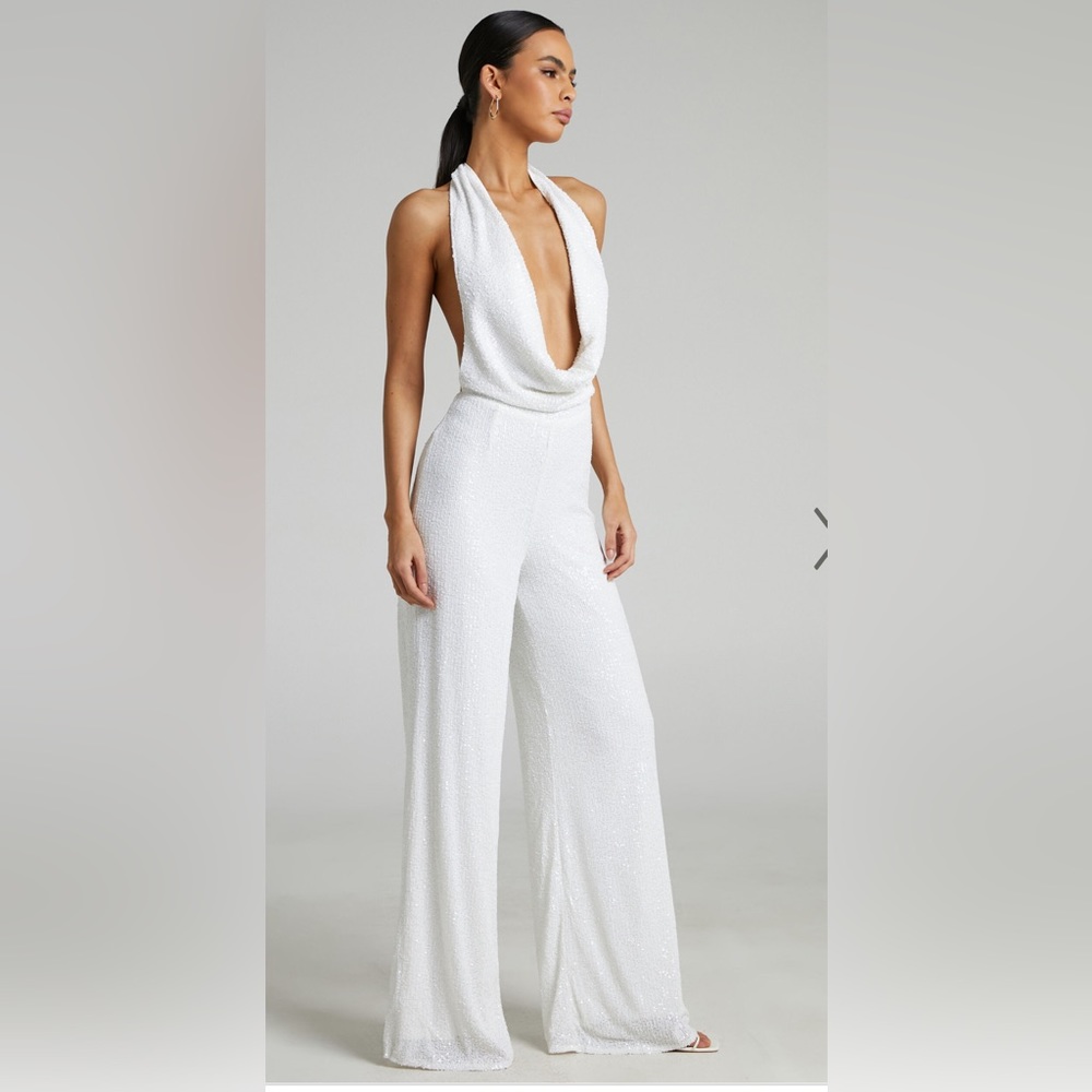 JULIEN JUMPSUIT - BACKLESS WIDE LEG COWL NECK SEQUIN JUMPSUIT IN WHITE